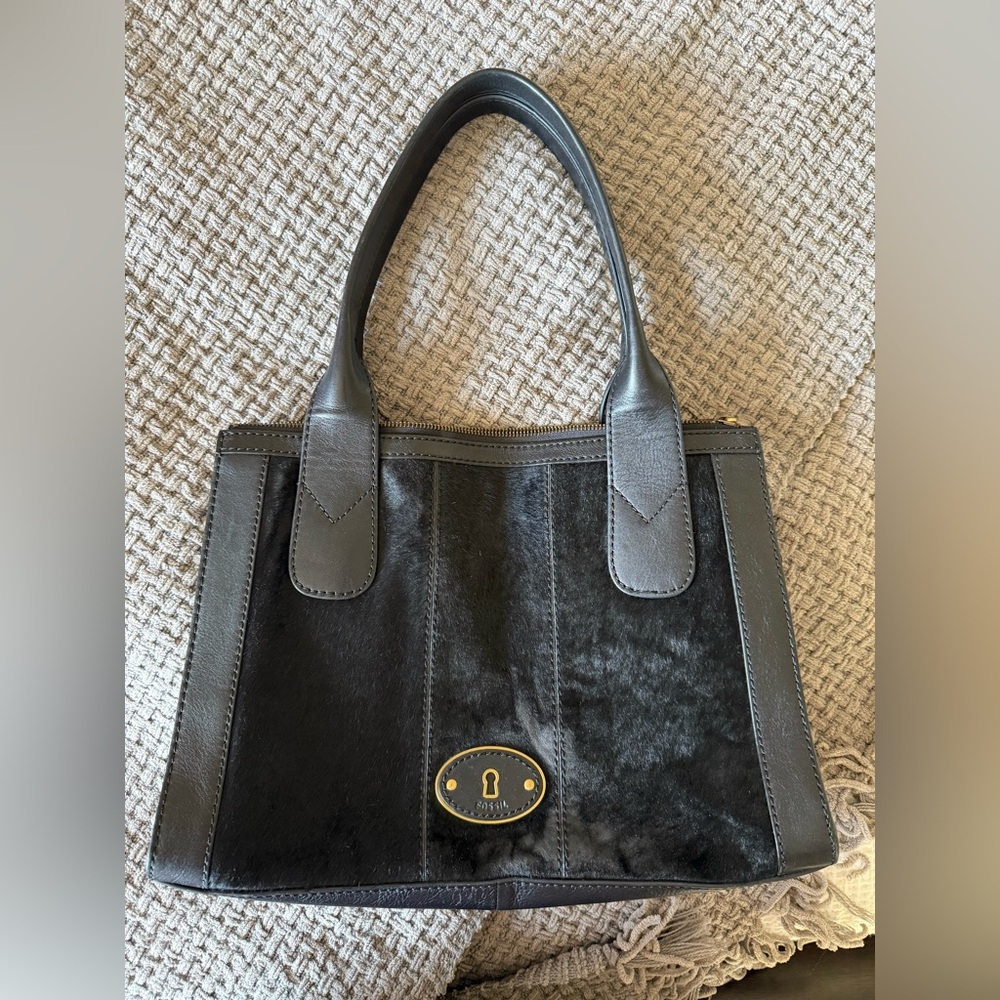 Fossil Black Calf Hair and leather Structured Tote Bag